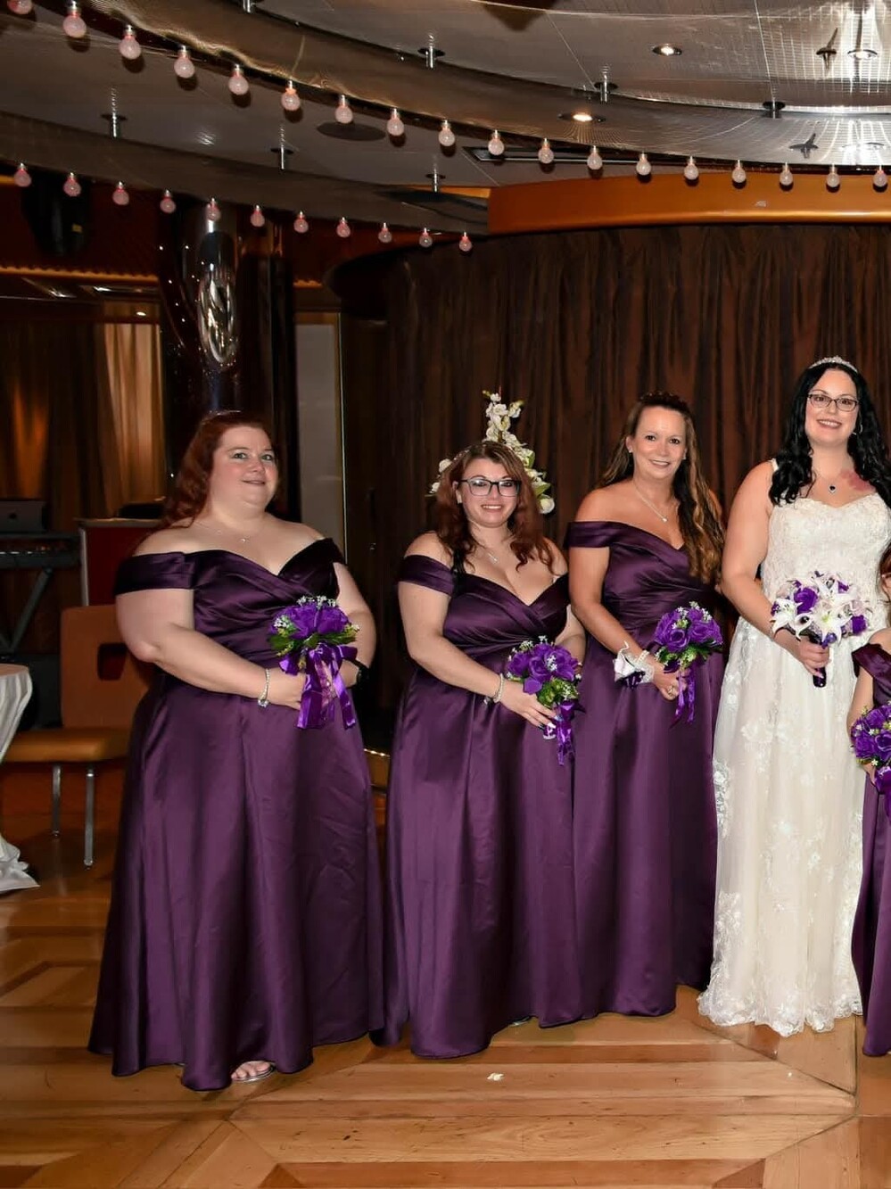 David's Bridal Off-Shoulder Satin Evening Gown in Plum Color